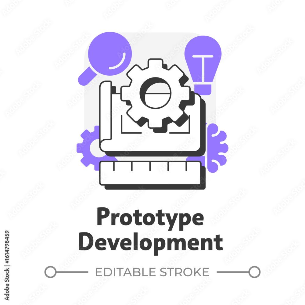 Poster prototype development flat outline concept icon. creating working model of product. designing. innov
