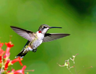 Fototapeta premium Hummingbird in flight near flowers