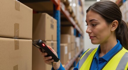 Warehouse worker scans barcode on box. Woman wearing reflective vest using scanner for inventory control in storage facility.