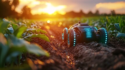 Agricultural robot at sunset in the field