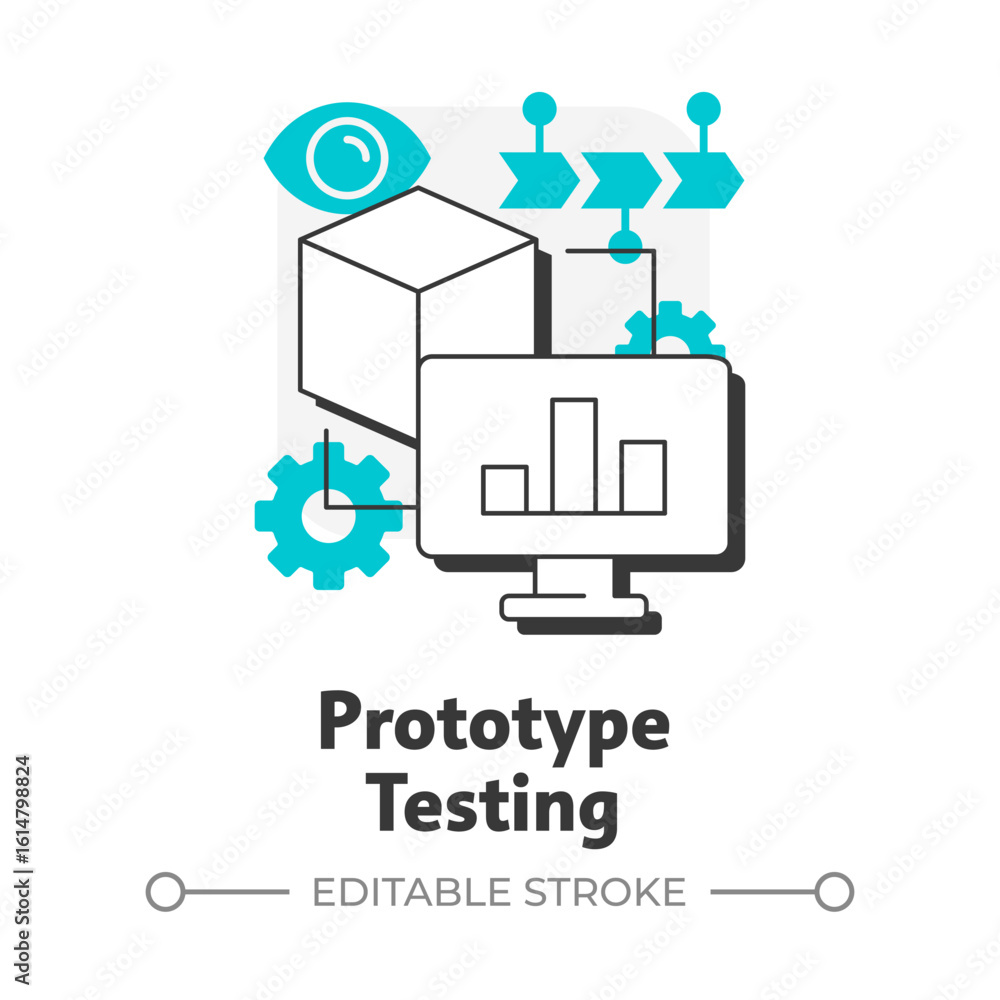 Poster prototype testing flat outline concept icon. accessing product. technology readiness level. developm