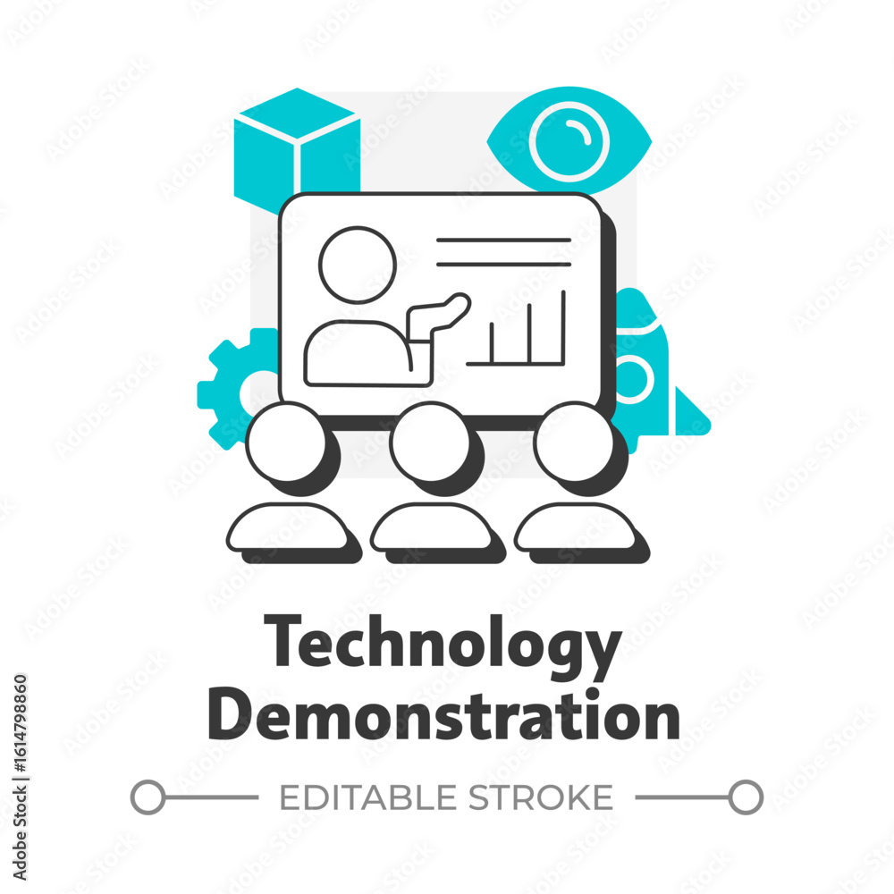 Poster technology demonstration flat outline concept icon. functionality. innovation readiness level. devel