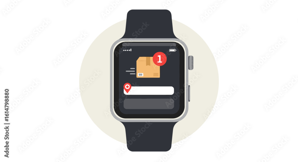 Poster smartwatch displaying a package delivery notification with location pin