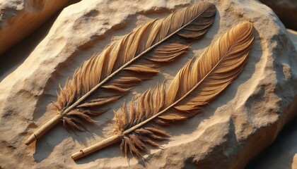 Two ancient bird feathers rest on weathered rock. Detailed feather structure hints at prehistoric avian life, evolutionary studies. Natural history specimen offers insights into ancient ecosystems,