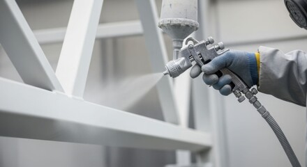 Builder painter spraying white paint onto metal construction. Craftsman using airbrush for industrial painting work. Factory maintenance.
