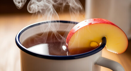 A close up of a mug filled with hot apple cider garnished with a slice of fresh red apple fruit ai generated
