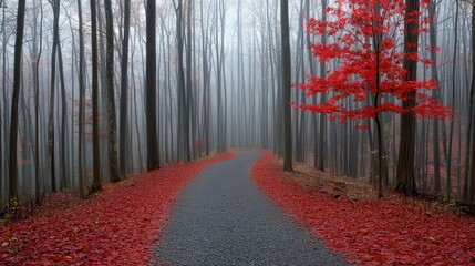 Serene Autumn Pathway Through Misty Forest with Vibrant Red Leaves