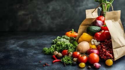 Delivery on a healthy food background. A paper bag with healthy vegan food has torn, vegetables on a dark background, copy space, banner.
