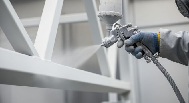 Builder painter spraying white paint onto metal construction. Craftsman using airbrush for industrial painting work. Factory maintenance.