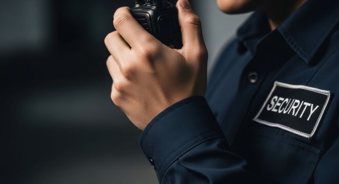 Caucasian man security officer holding walkie-talkie. Guard wearing uniform. Safety patrol and communication. Profession and blue collar work. - Powered by Adobe