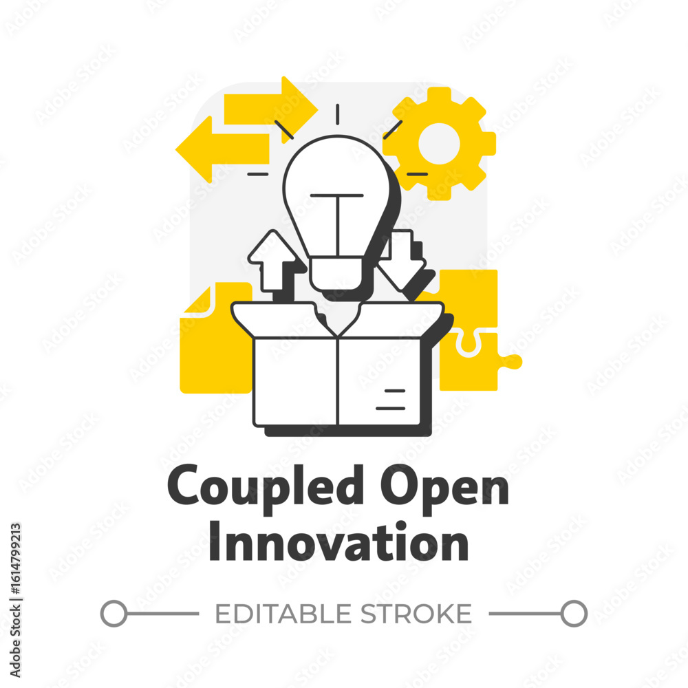 Poster coupled open innovation flat outline concept icon. combination of outside in and inside out strategi