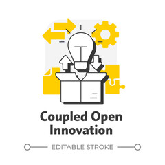 Coupled open innovation flat outline concept icon. Combination of outside in and inside out strategies. Development. Modern line illustration with yellow glyphs. Conceptual visual. Easy to edit