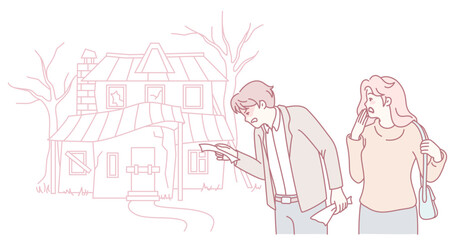 A couple is inspecting a house, discussing various real estate concerns, and making informed decisionmaking choices