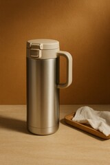 Obraz premium A modern thermos, ideal for keeping drinks hot or cold, set against a simple backdrop. The design features a sleek, metallic body with a contrasting handle and lid, placed next to a wooden tray