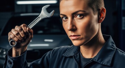 Woman mechanic holding a wrench with a confident and serious expression, representing industrial labor and professional service.