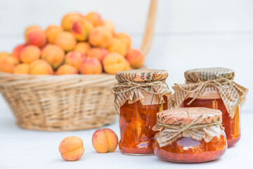 Preservation and summer harvest. Homemade healthy jelly, apricot jam. Preparing jars. Sweets and fruits.