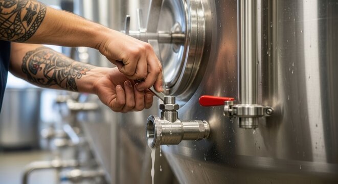 Caucasian man working in brewery by opening a valve on stainless steel tank. Brewmaster managing production, quality control. - Powered by Adobe