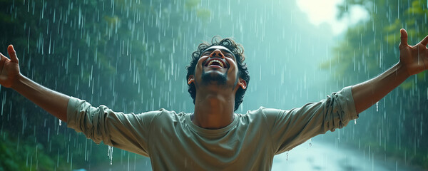 Young man laughs joyfully in summer rain, arms spread wide, embracing downpour. Carefree spirit, pure happiness, wet hair, outdoor activity. Serene nature background, refreshing weather, water