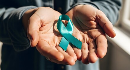 Hands Holding Teal Ribbon for Cancer Awareness and Support, Emphasizing Hope and Solidarity
