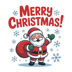 Jolly santa claus with gift bag and snowflakes christmas
