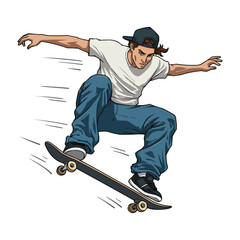 Skateboarder executing a trick mid-air, motion blur effect, isolated