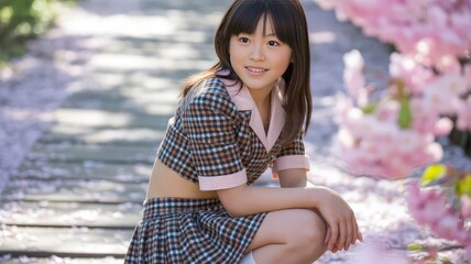 Naklejka premium Girl smiles, pink blossoms