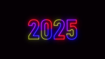 2025 neon line text. Abstract 2025 neon text animation ,For neon color Glowing neon number text background 4k video animation .Digital font against a dark background with neon line looping animation.