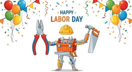 Festive Labor Day Celebration with Tool Robot, Balloons, and Confetti on White Background