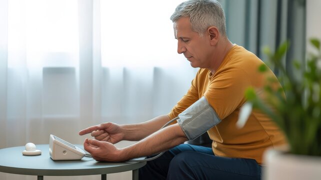 Mature man checking blood pressure at home
