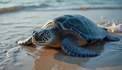Leatherback sea turtle on a sandy beach. Reptile enters shallow ocean water. Natural wildlife scene. Lone turtle in its coastal habitat. Marine animal conservation theme.