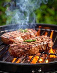 Juicy steaks grilling outdoors