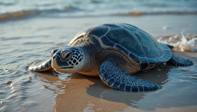 Leatherback sea turtle on a sandy beach. Reptile enters shallow ocean water. Natural wildlife scene. Lone turtle in its coastal habitat. Marine animal conservation theme.