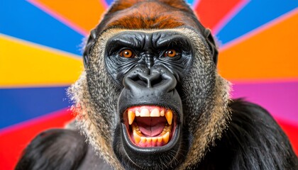 Close-up of a gorilla's snarling face against a vibrant, multicolored background