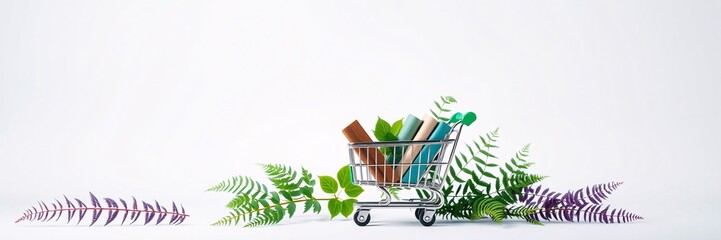Miniature Shopping Cart with Eco Books and Greenery on White Background