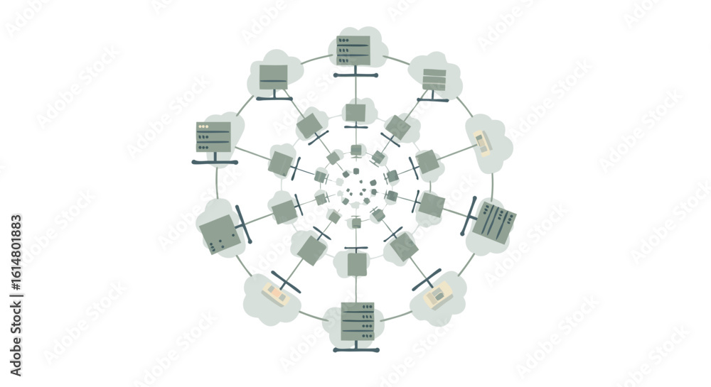 Poster cloud computing network illustration: depicting interconnected cloud computing network, this graphic