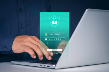 Businessman secure login data privacy on laptop, Cybersecurity Protection, Shield icon, Login and...
