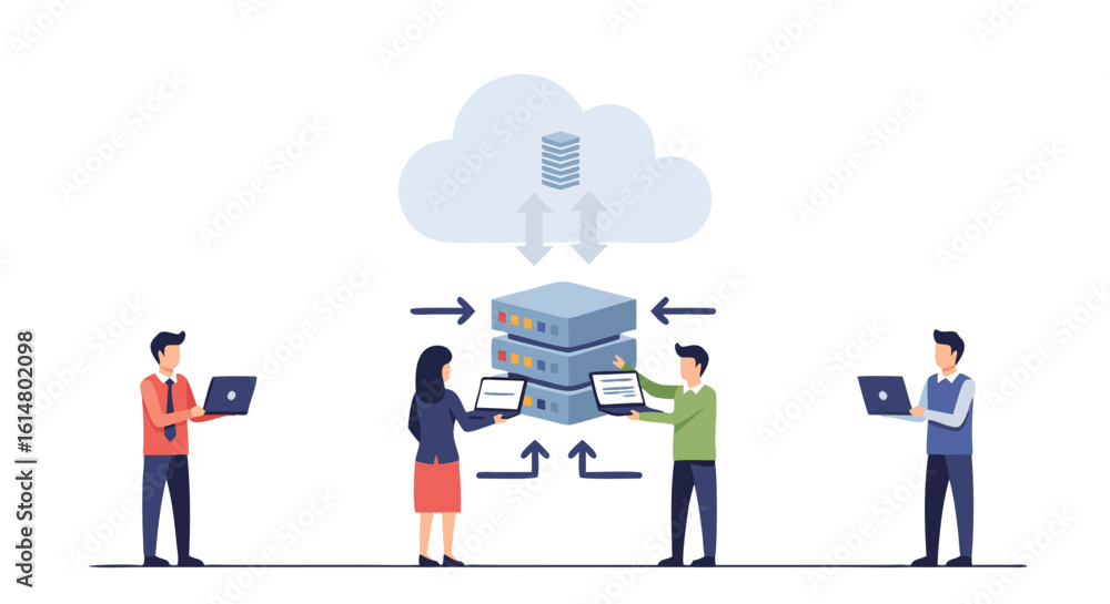 Poster cloud computing harmony: an illustrative image of a data cloud, connected by professionals working t
