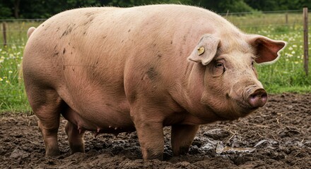 Large Pink Pig Standing in Muddy Farmyard with Green Field and Fence in Background