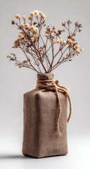 Dried flowers in a burlap-wrapped bottle