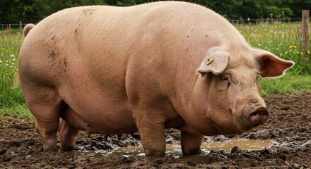 Large Pink Pig Standing in Muddy Farmyard with Green Field Background