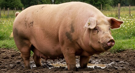 Large Pink Pig Standing in Muddy Farm Field with Green Grass and Yellow Flowers