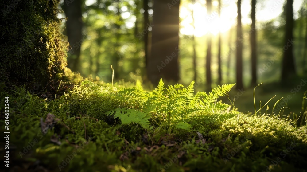 Poster sunlight filtering through trees in a lush green forest setting
