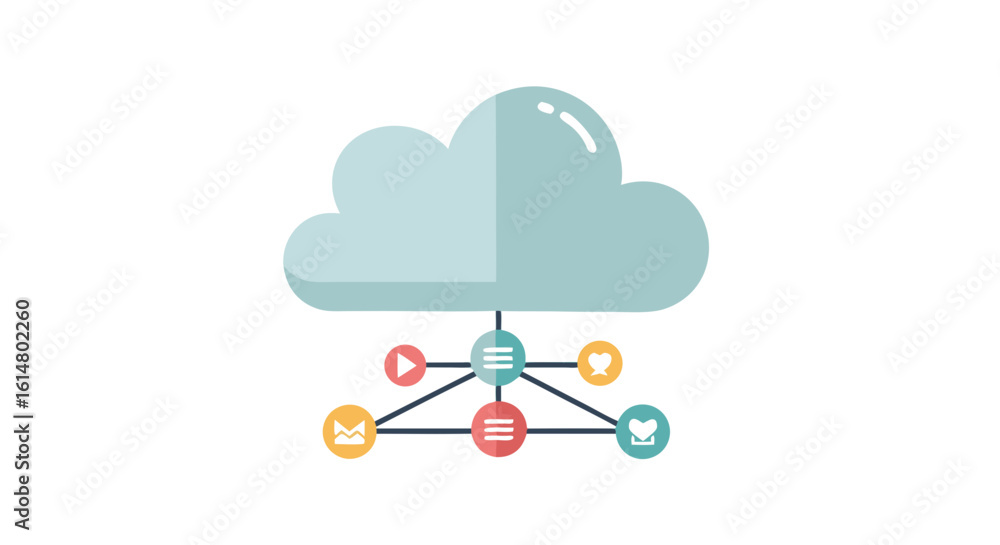 Poster cloud computing and data network: an elegant depiction of a cloud connected to various icons, symbol