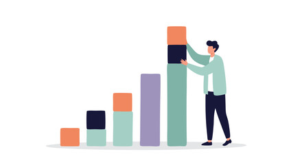 Business Growth Illustration: A professional individual meticulously places blocks to construct a colorful bar graph, symbolizing advancement and market success.