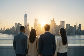 Plakat Business team viewing city skyline at sunrise from rooftop, symbolizing ambition, unity, and future vision in warm morning light background. Ai generative