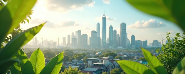 Sustainable urban skyline featuring pastel buildings with green rooftops, clear skies. Modern cityscape integration of clean energy initiatives like windmills. Rich plants in foreground frames city