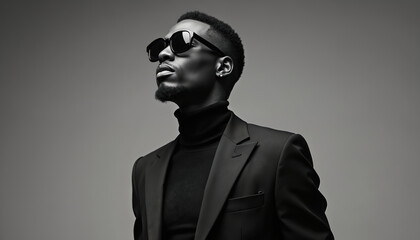 Serious young African American man in black suit, sunglasses. Portrait of confident male with beard, wearing turtleneck, blazer. Monochrome studio shot with minimalistic grey background. Fashionable