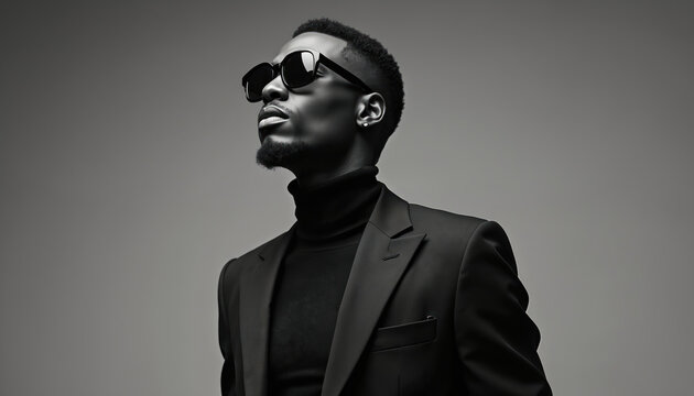 Serious young African American man in black suit, sunglasses. Portrait of confident male with beard, wearing turtleneck, blazer. Monochrome studio shot with minimalistic grey background. Fashionable