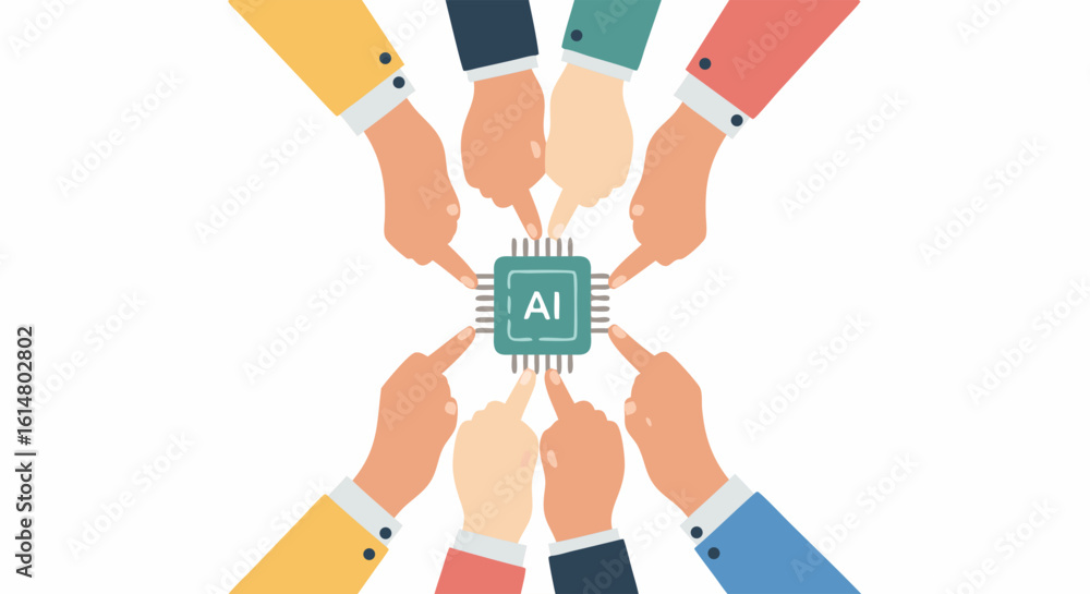 Poster ai integration: a graphic representation depicts a collaborative effort of hands uniting around a ce