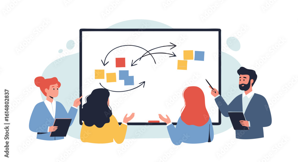 Poster strategic blueprint: collaborative planning session unfolds as a team huddles around a whiteboard to